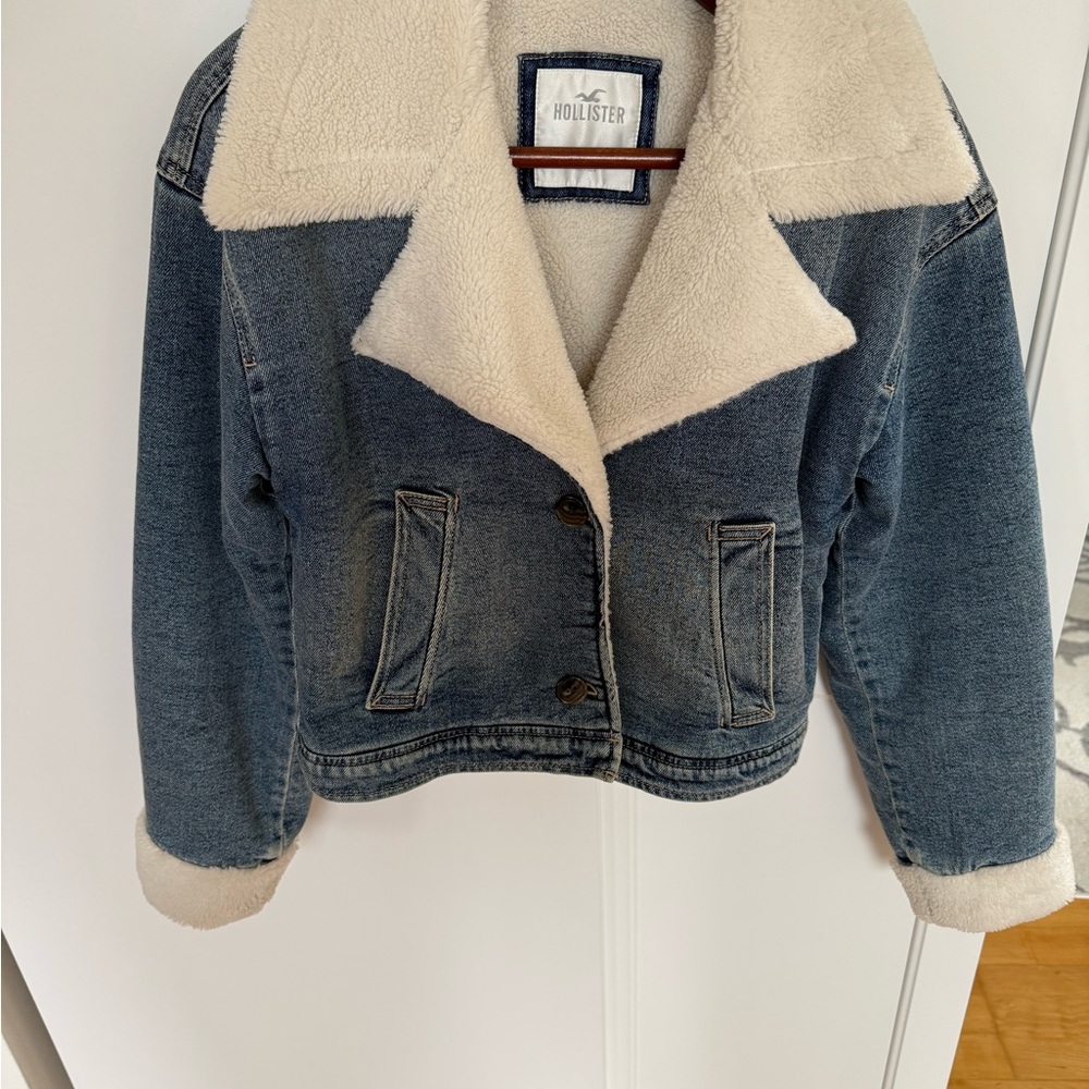 Hollister Blue Denim Jacket with Cream Sherpa Collar